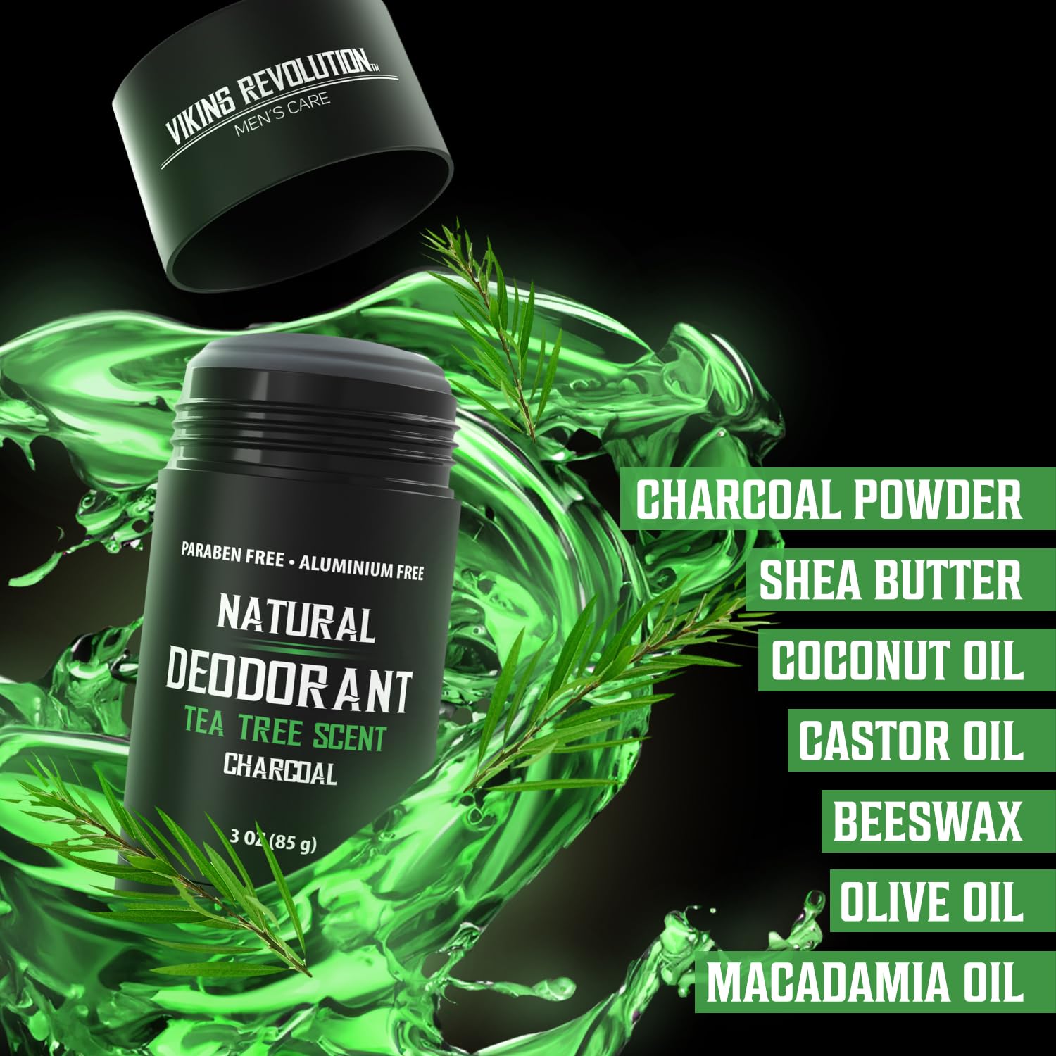Green-themed ad for aluminum-free Tea Tree Deodorant with charcoal, shea butter, and natural oils.