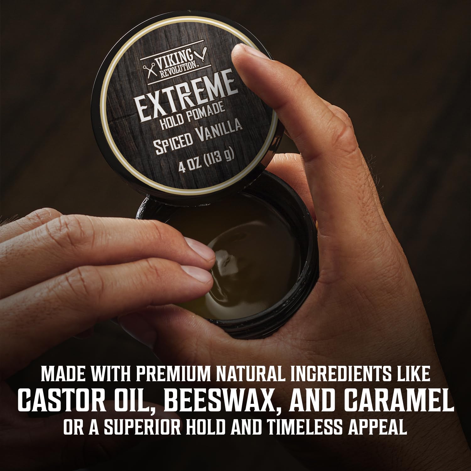 A hand opens a jar of New Scents Hair Pomade, promising a high-shine finish. Labeled with the enticing aroma of Spiced Vanilla, it's designed to keep your style in check all day long.