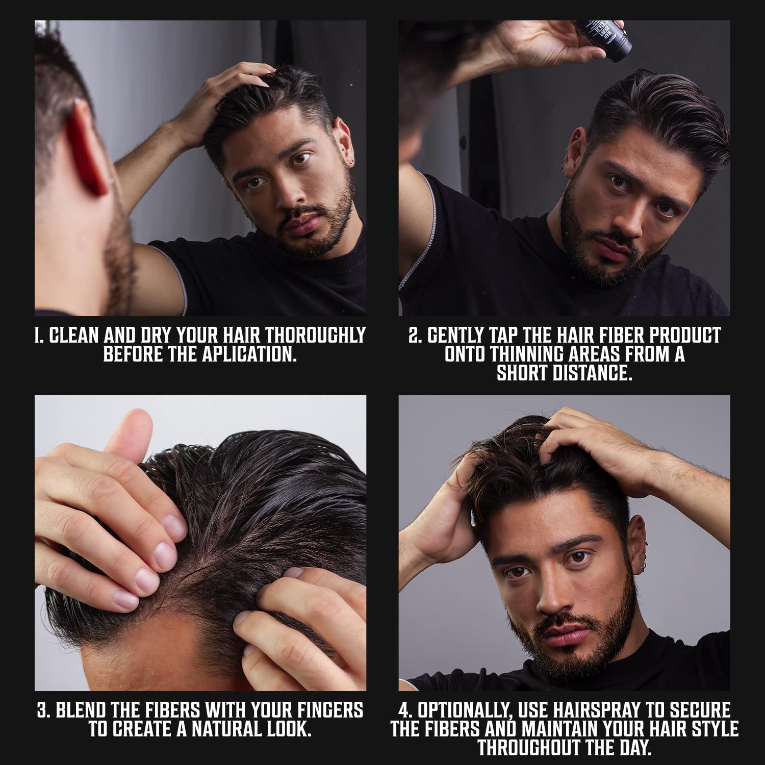 A man expertly uses Black Hair Fibers, demonstrating each step in front of the mirror to achieve weather-resistant volume.