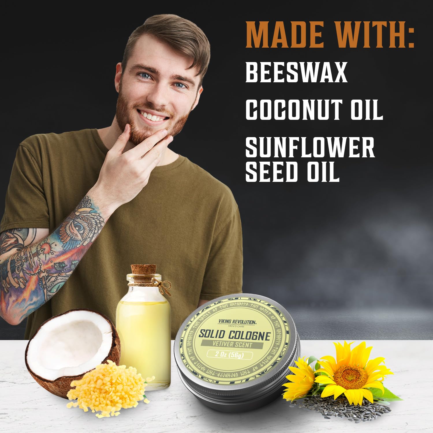 Bearded and tattooed, the man beams beside a Solid Cologne 2 Oz Single Vetiver—a perfect gift for men—crafted with coconut oil, beeswax, and sunflower.