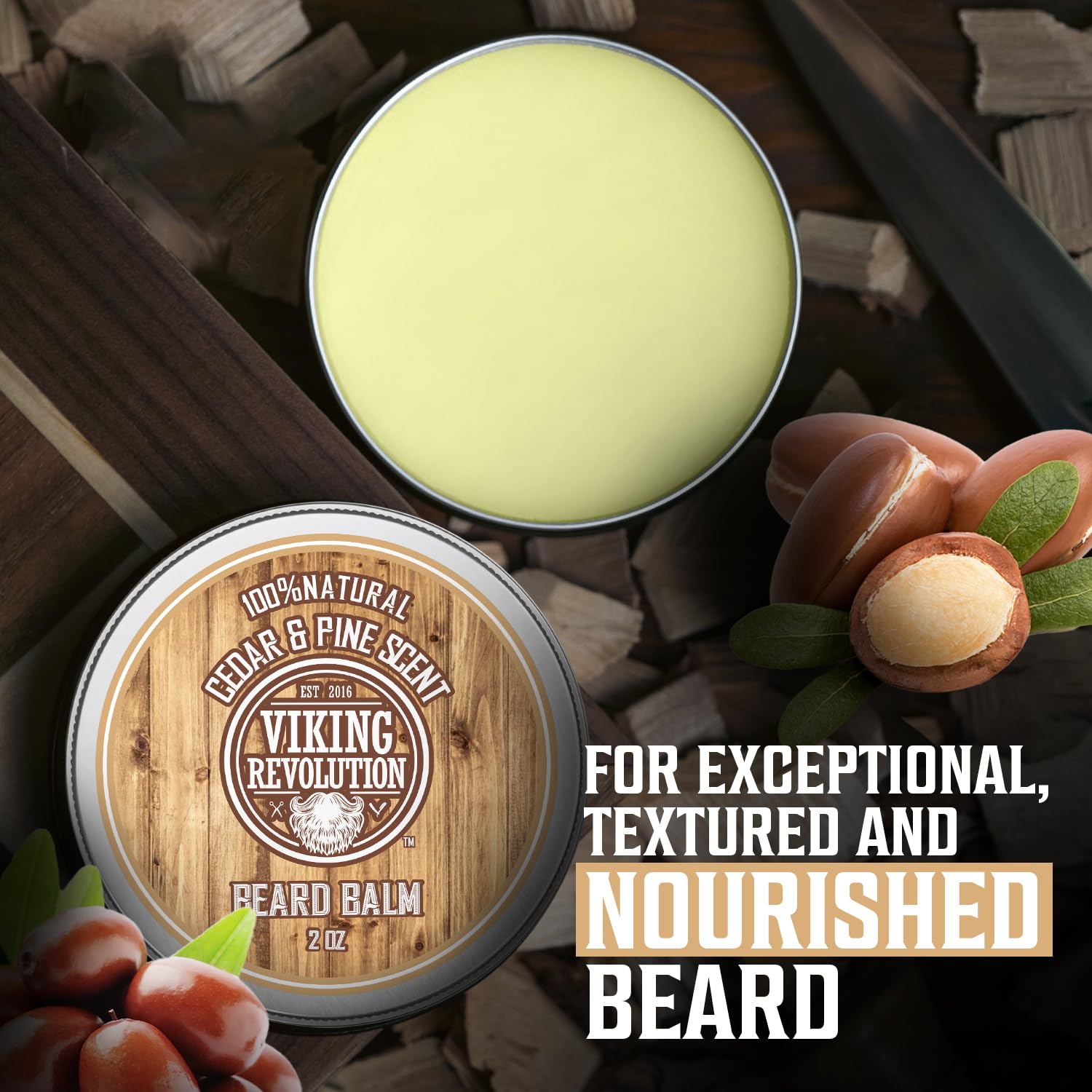 Cedar & Pine Beard Balm tin on a wooden surface adorned with nuts and leaves; text: Achieve an exceptional, textured, and nourished beard with organic ingredients that moisturize.