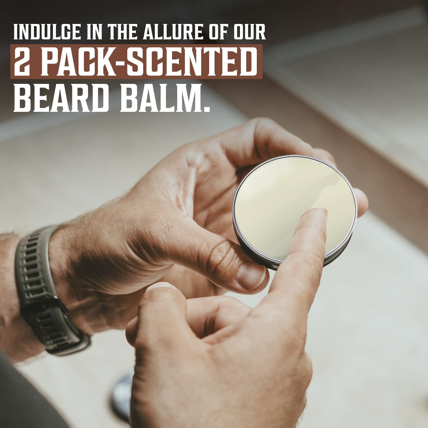Hands opening a tin of Beard Balm - 2 Pack, captioned Indulge in the allure of our all-natural formula.