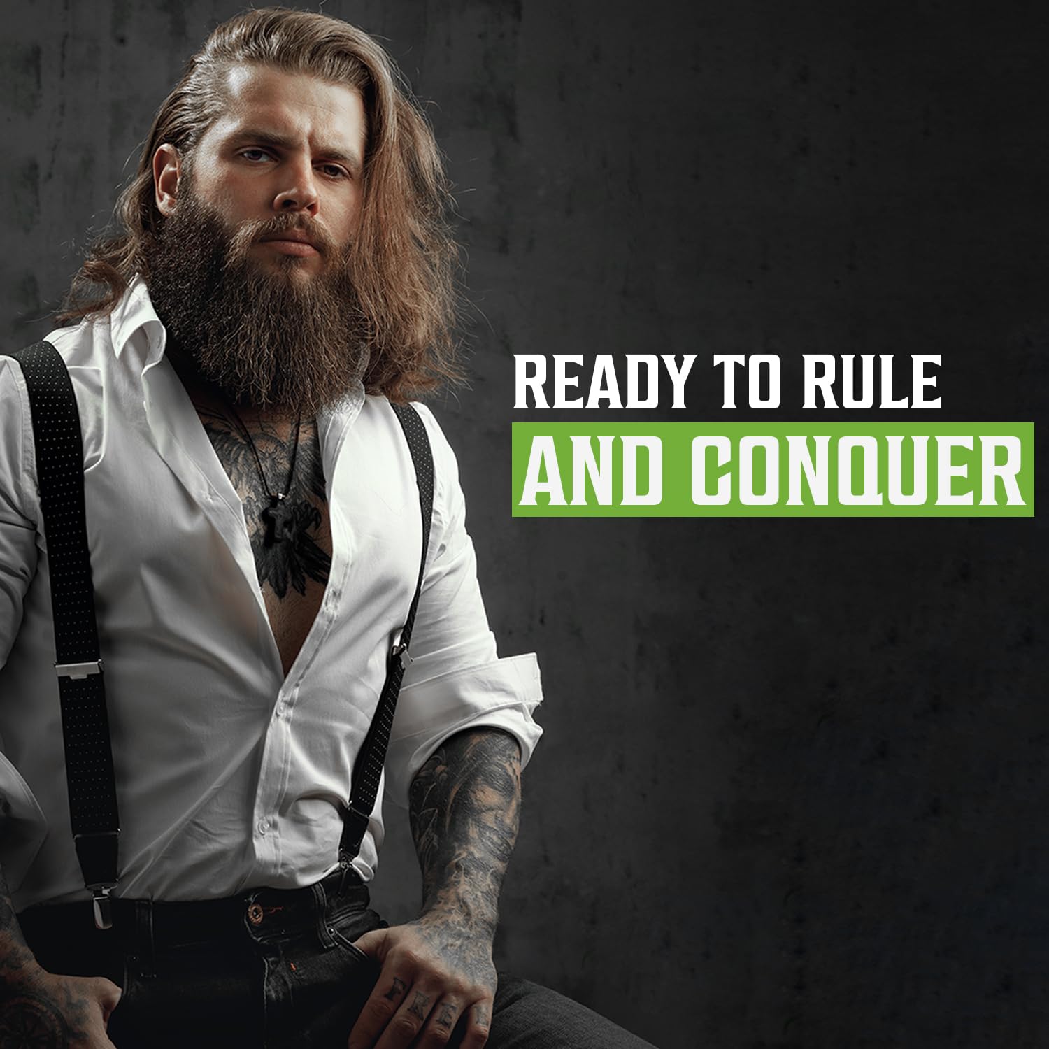 Bearded man in white shirt, suspenders, tattoos, ready to conquer with Tea Tree Beard Wash 17 oz.