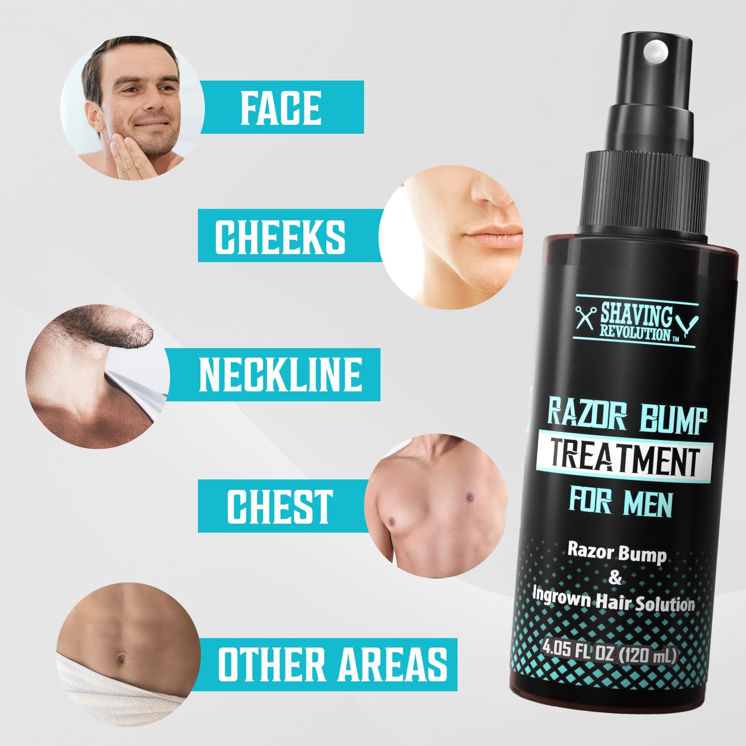 Razor Bumps Treatment for Men with labels: face, cheeks, neckline, chest, other areas.