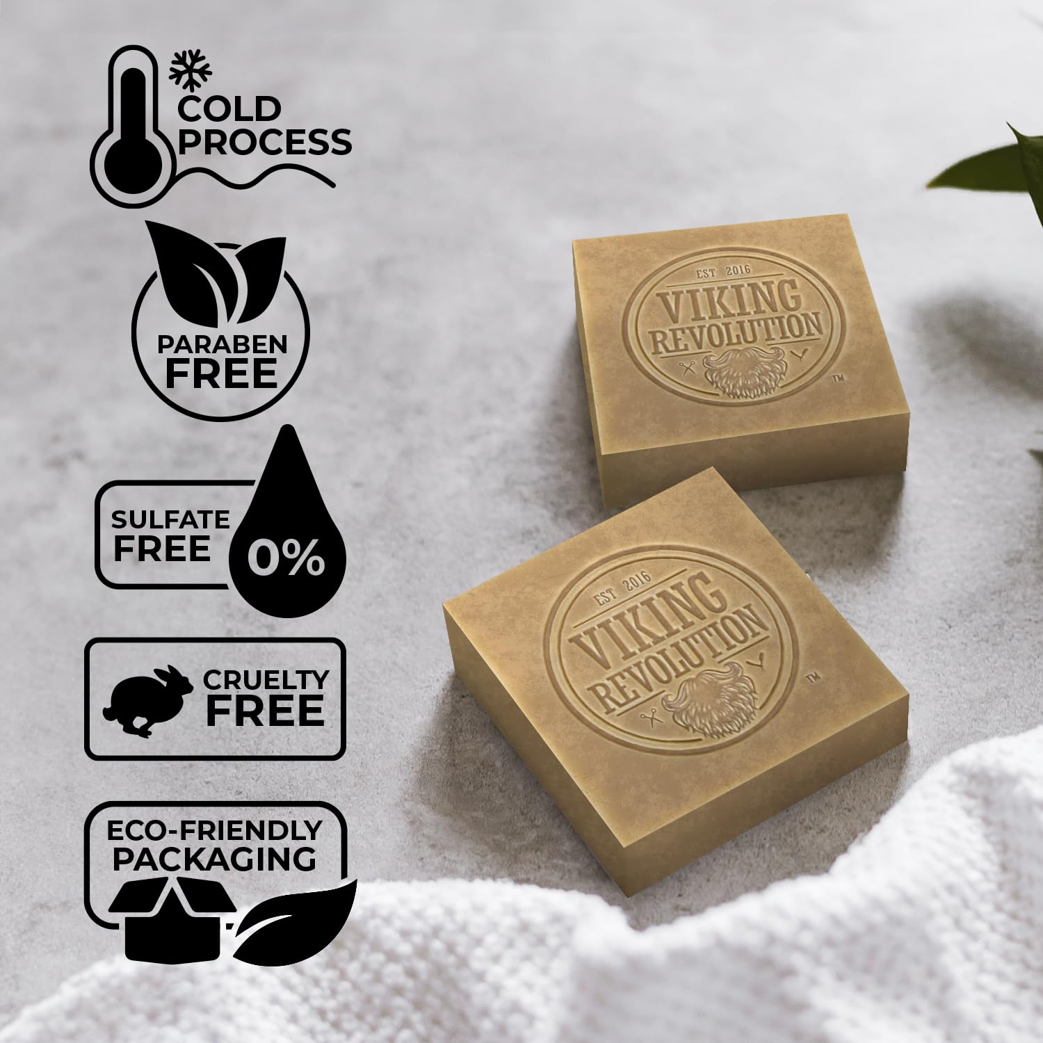 Two bars of cruelty-free Vetiver Cold Pressed Mens Soap on a gray surface.