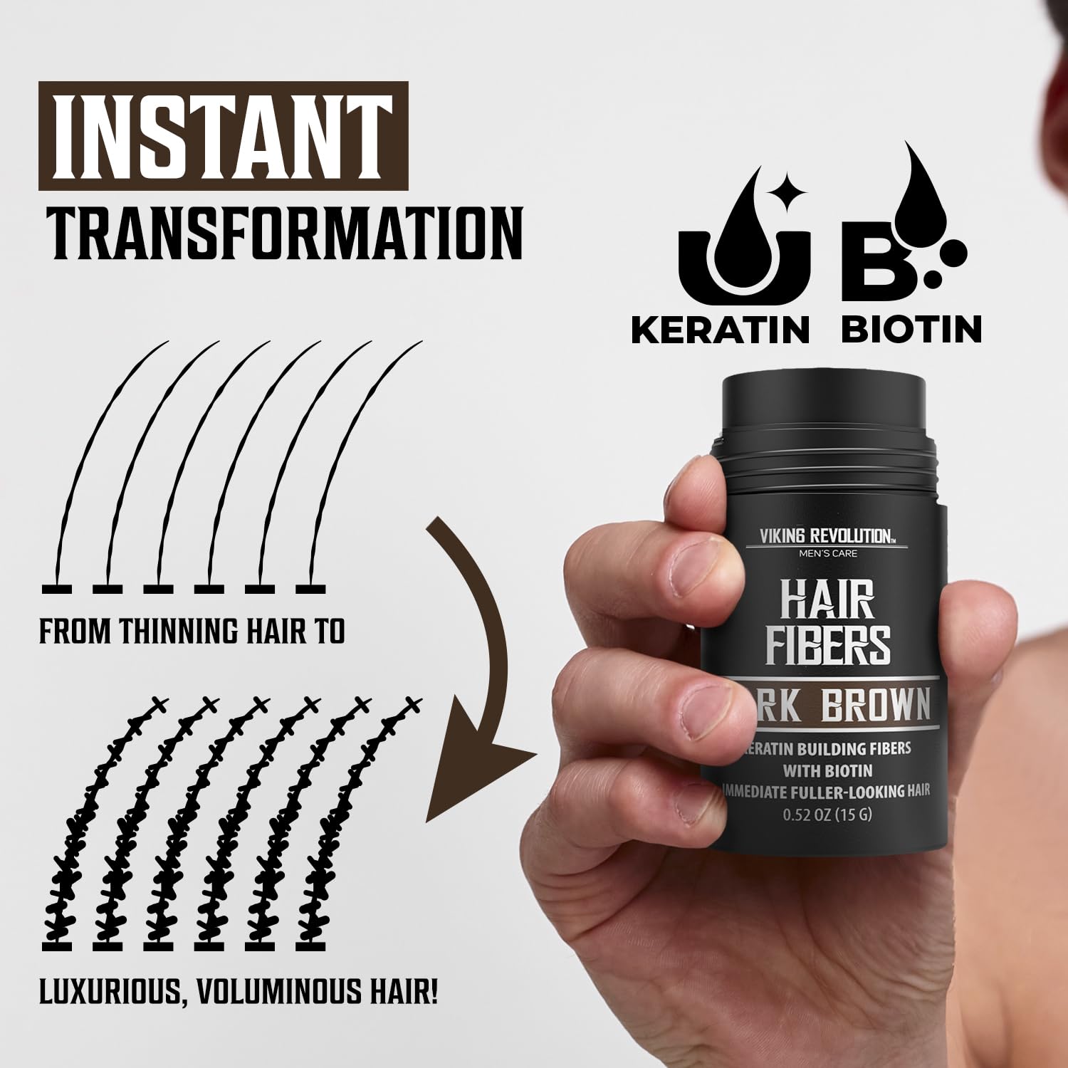 Hand holding Dark Brown Hair Fibers for Thinning Hair, graphics showing thin to voluminous hair transformation.