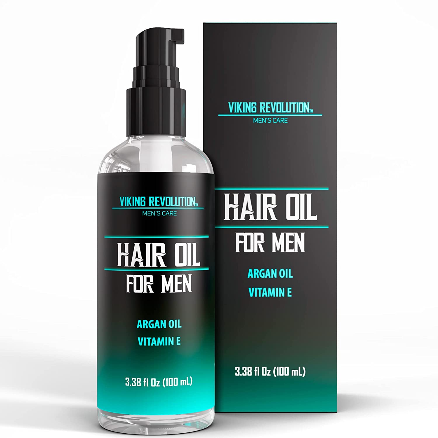 Bottle of Hydrating Hair Oil for Men from Viking Revolution beside its box, featuring argan oil and vitamin E, designed to promote hair growth.