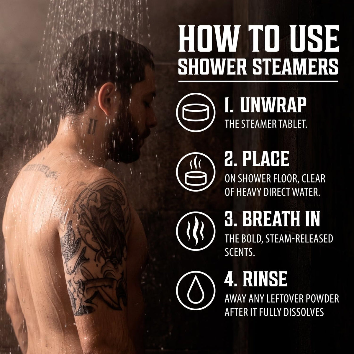Man showering while following instructions for using Shower Steamers for Men, Mens Gifts 6 Pack, Aromatherapy.