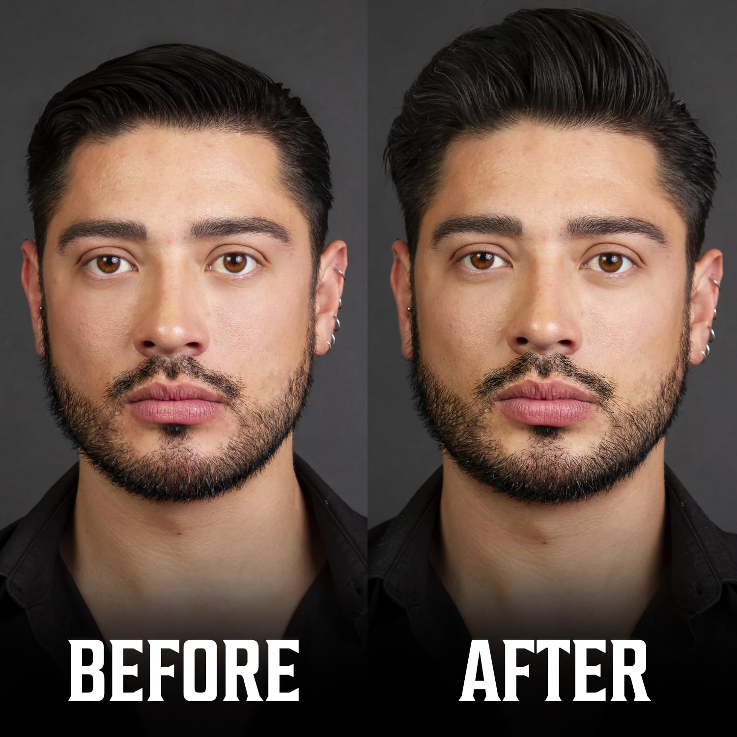 Before and after grooming with Hair Styling Powder for Men, subtle facial hair changes, matte finish.