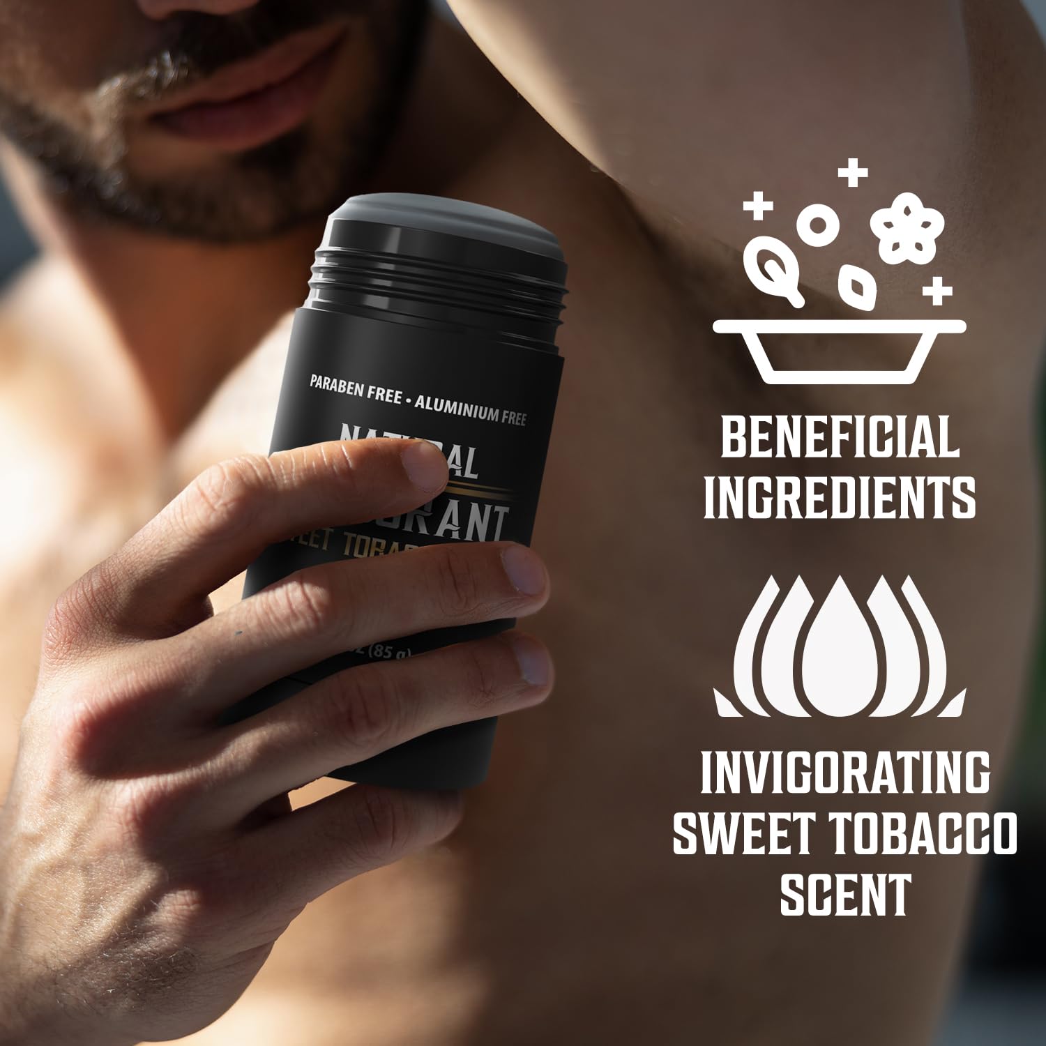 Man using Sweet Tobacco Natural Deodorant, text reads: Enriched with beneficial ingredients, invigorating sweet tobacco scent.