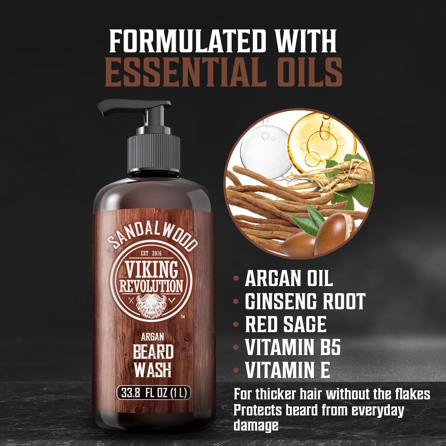 Sandalwood Beard Wash 33.8 fl oz with all-natural ingredients for facial hair care and growth.