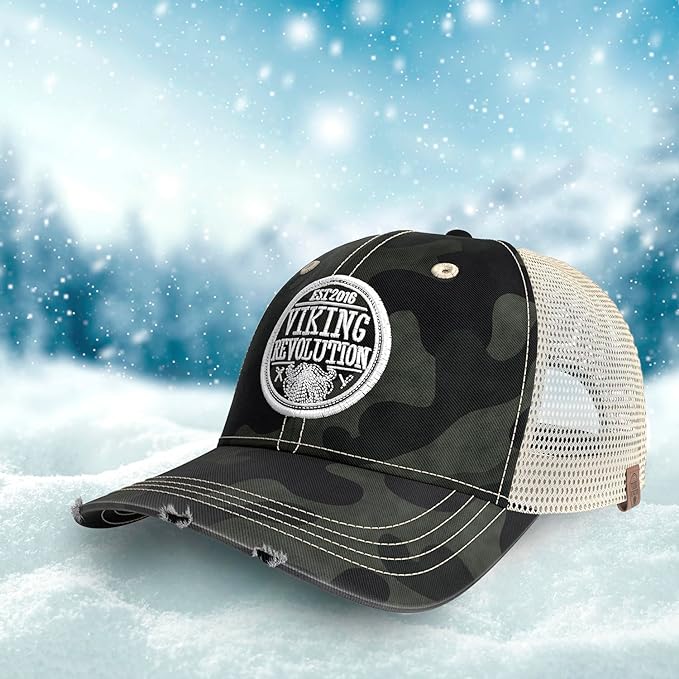 Camouflage Trucker Hat for Men Baseball Cap with mesh back set against a snowy backdrop, featuring a striking Viking Revolution patch.