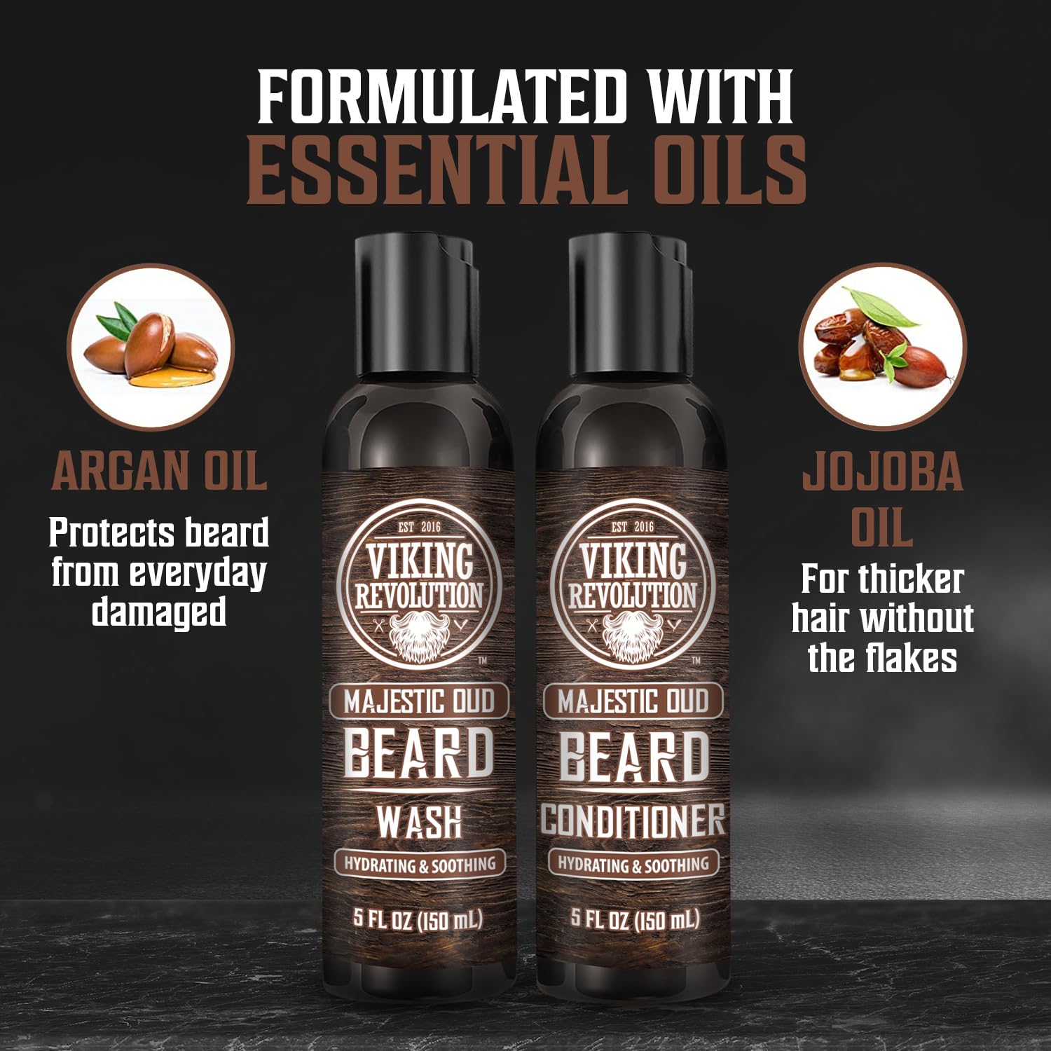 Two bottles of Beard Wash & Conditioner - Majestic Oud 5oz with essential oils, the ultimate in beard care, ensuring your facial hair stays soft and nourished.