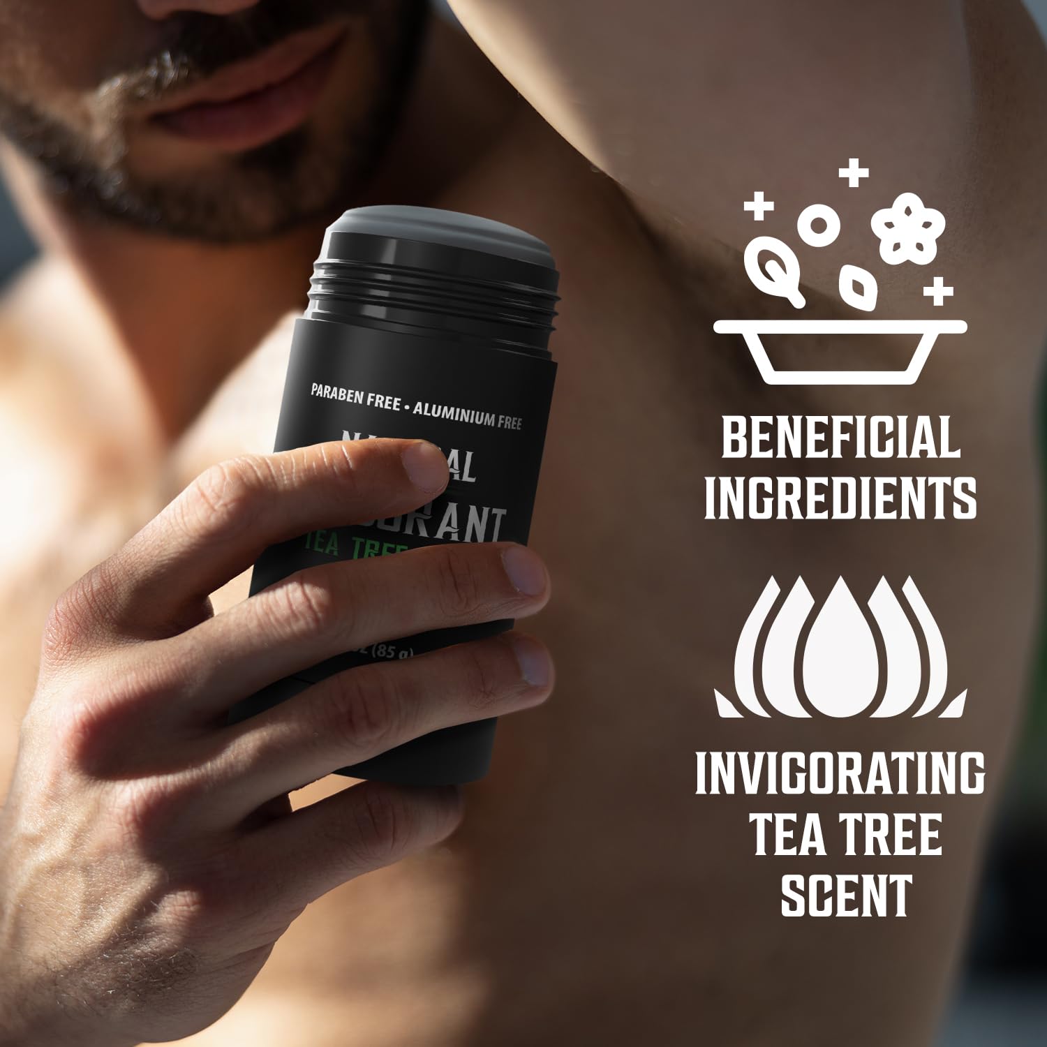 Person applying Tea Tree Deodorant for Men with activated charcoal and Invigorating Tea Tree Scent text.