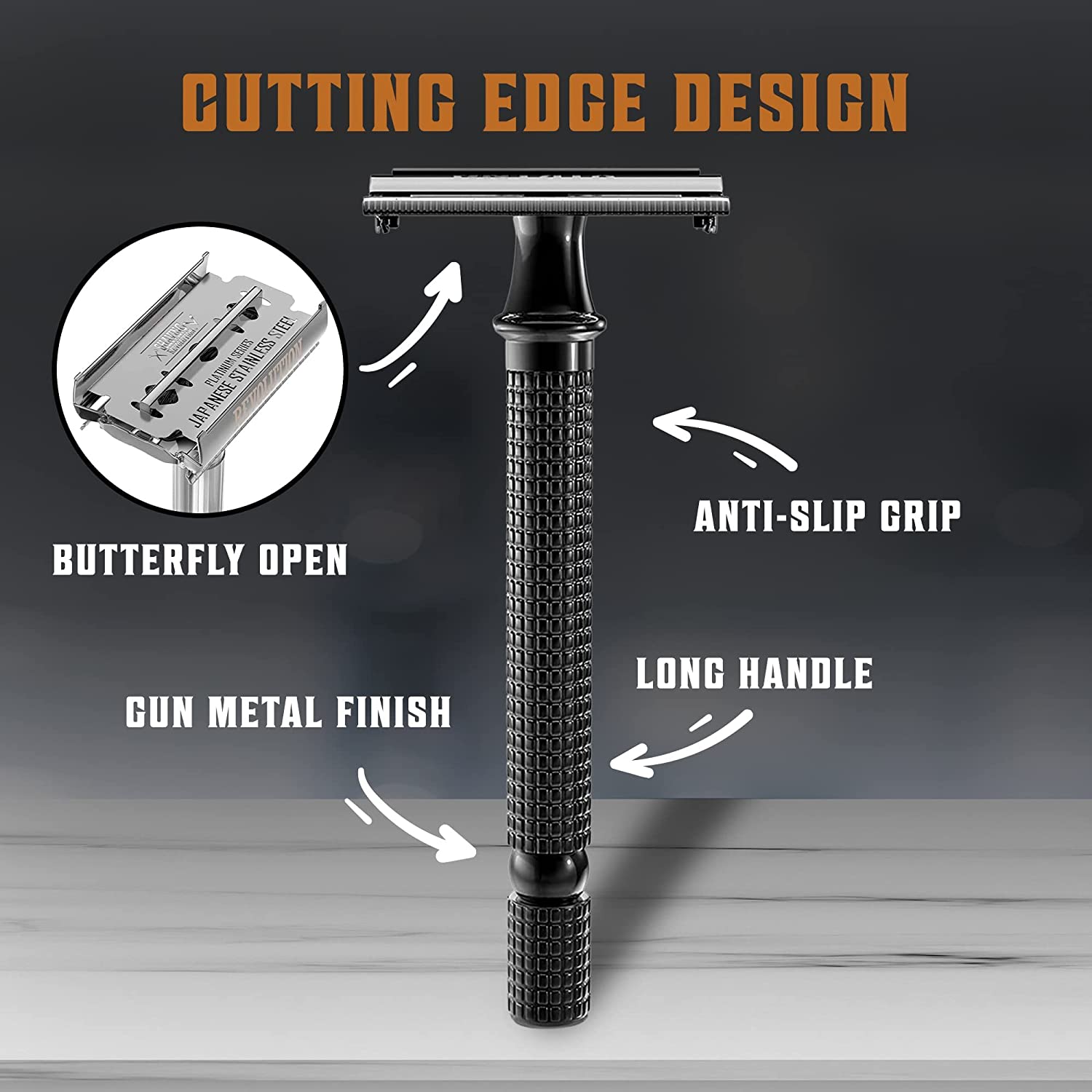 Gun metal razor, precise shave, butterfly open, anti-slip grip—Viking Revolution Long Handle Razor.