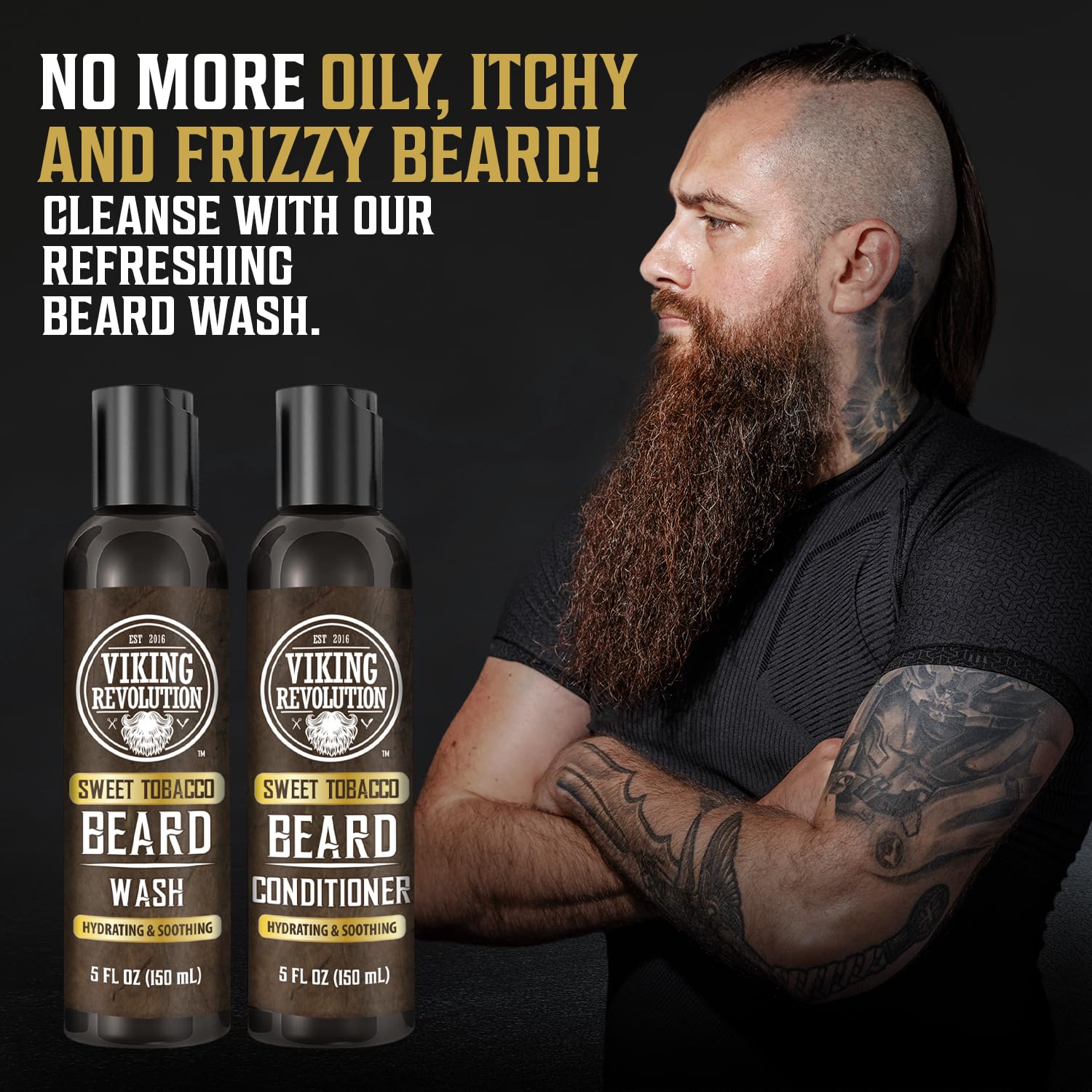 Man with beard beside Viking Revolution Beard Wash & Conditioner - Sweet Tobacco 5oz bottles, along with a sleek bottle of beard oil.