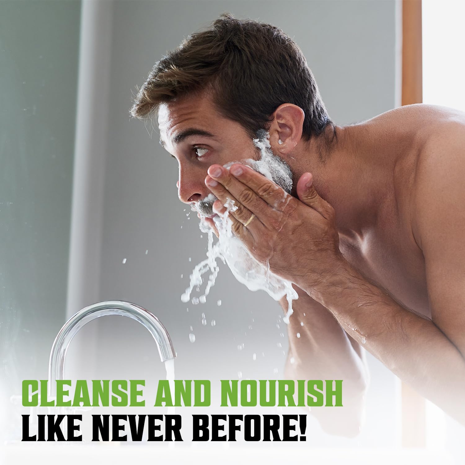 Man washing face with text: Cleanse and nourish like never before using our Tea Tree Beard Conditioner 17oz infused with argan oil!
