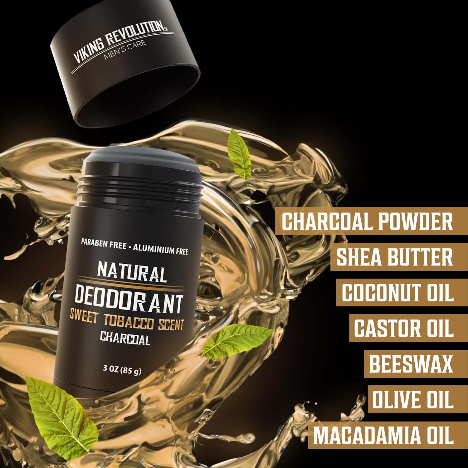 The Sweet Tobacco Natural Deodorant is a 3oz aluminum-free deodorant that comes in a sleek tube, crafted specifically for men. It features powerful ingredients like charcoal powder, shea butter, and coconut oil to ensure all-day freshness with a simple application.