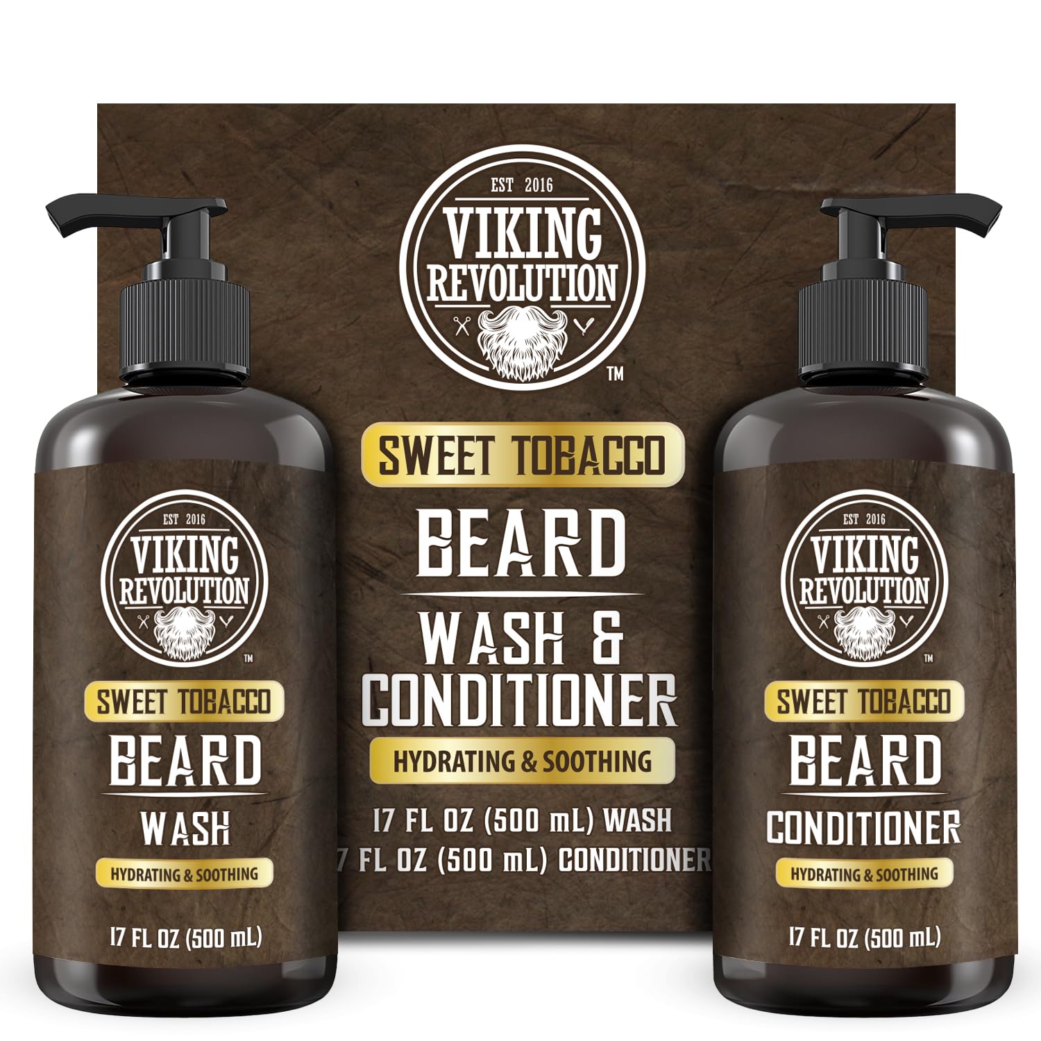 The Beard Wash and Beard Conditioner for Men, Sweet Tobacco, both 17 fl oz, come in convenient pump bottles and are essential components of any beard grooming kit.