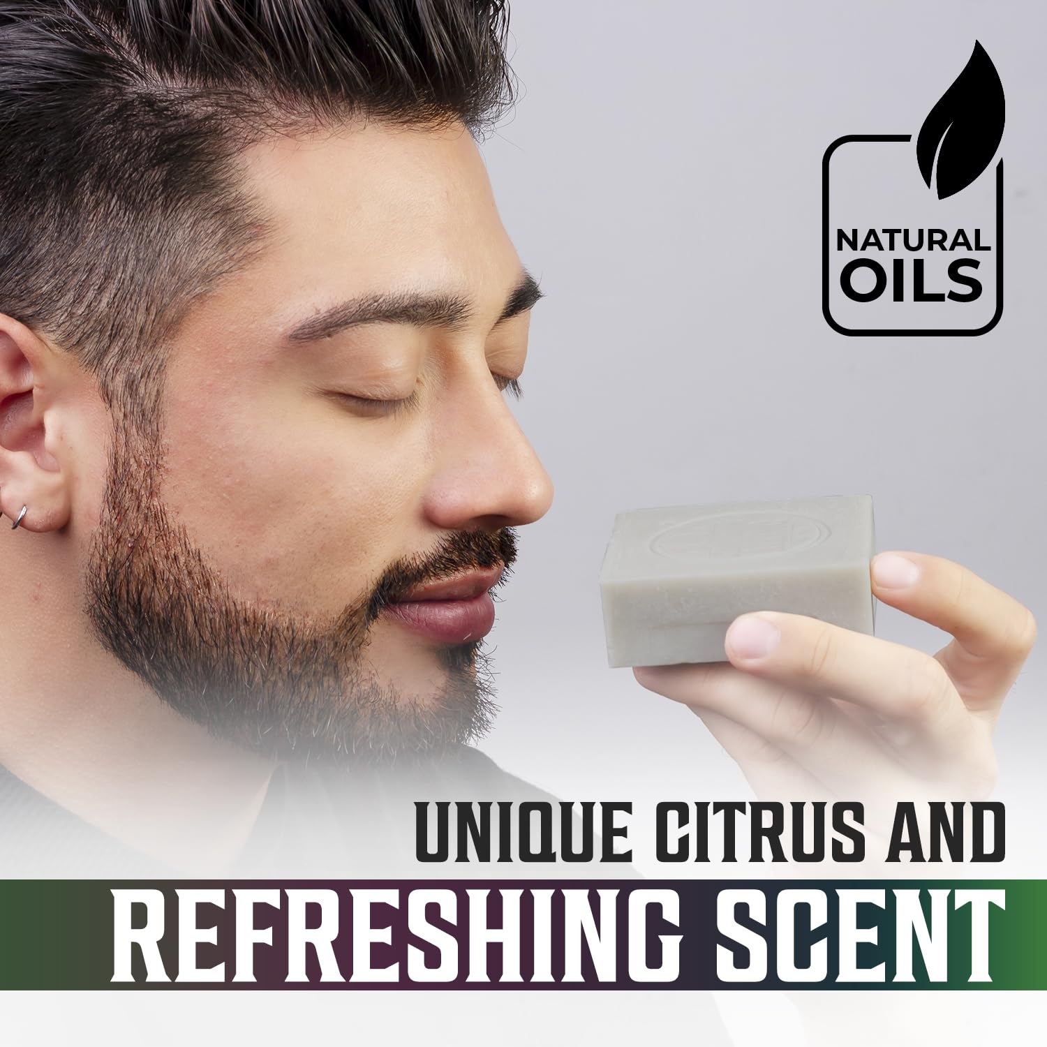 Sniffing a Natural Soap for Men bar labeled with Unique Citrus and Invigorating Scent.