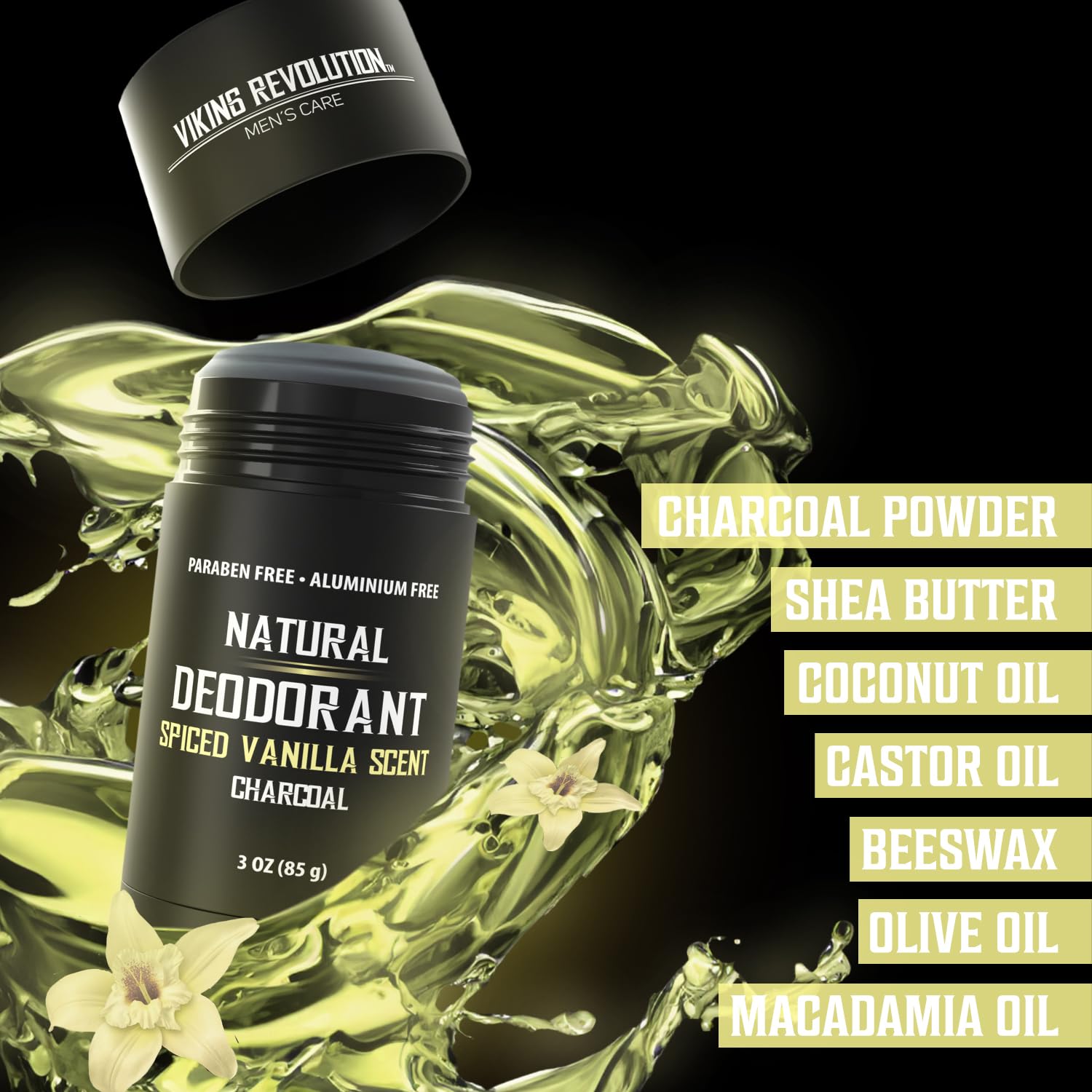 Spiced Vanilla Deodorant for Men, 3oz, with charcoal, shea butter & oils; aluminum-free.
