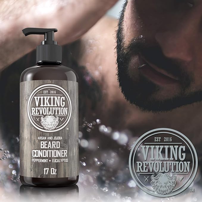 A 17oz bottle of Beard Conditioner stands prominently as a man tends to his beard in the background, ensuring healthy beard growth with the nourishing touch of natural beard oil.