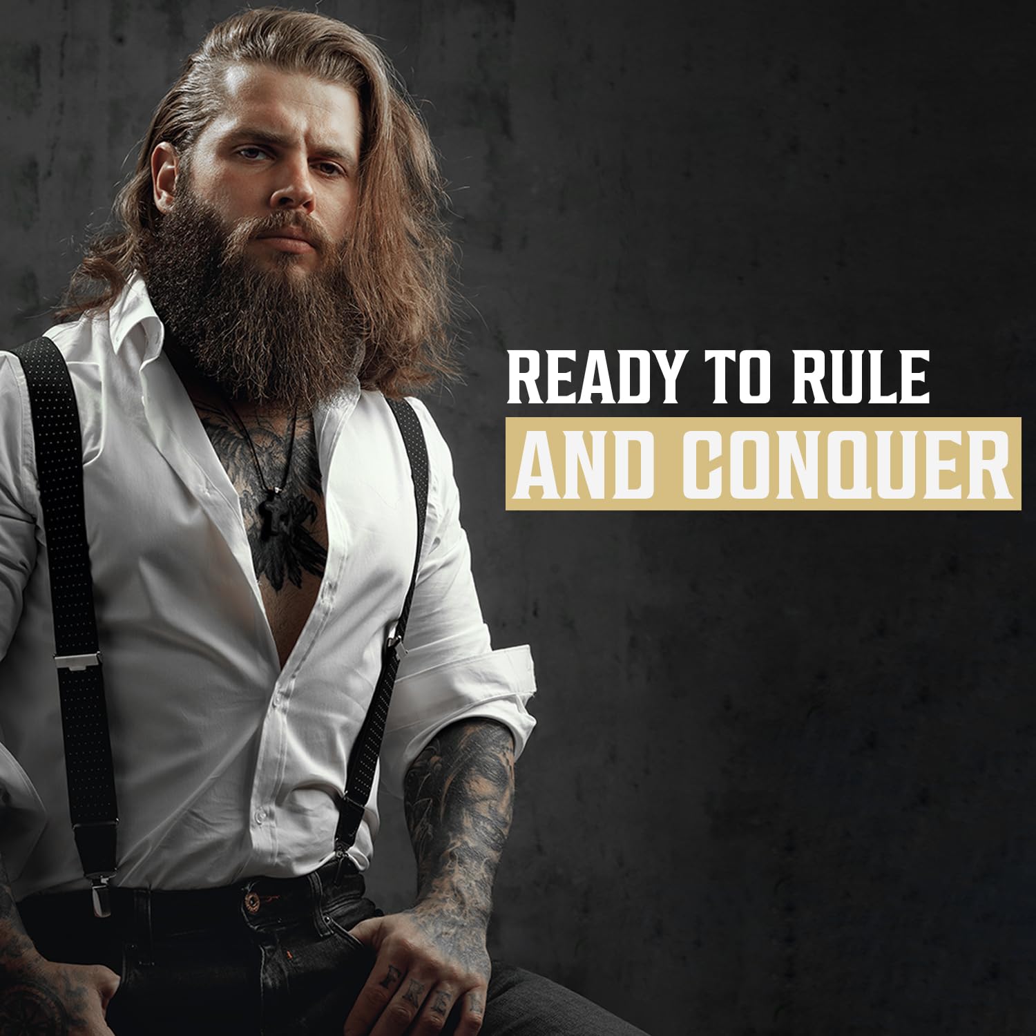 Bearded man in a white shirt and suspenders: Ready to Rule with Spiced Vanilla Beard Wash & Conditioner 17oz.