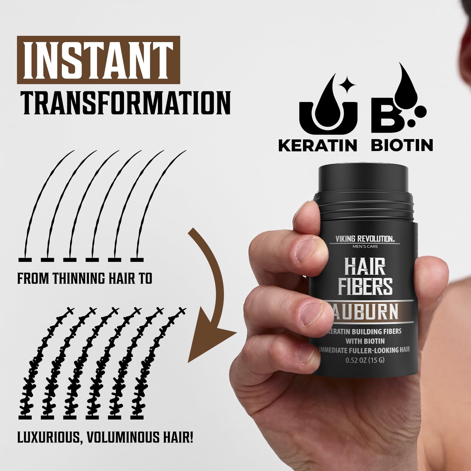 A hand presents the Auburn Hair Fibers for Thinning Hair, demonstrating the change from sparse to full hair accompanied by text. Ideal for men desiring denser, thicker hairstyles.