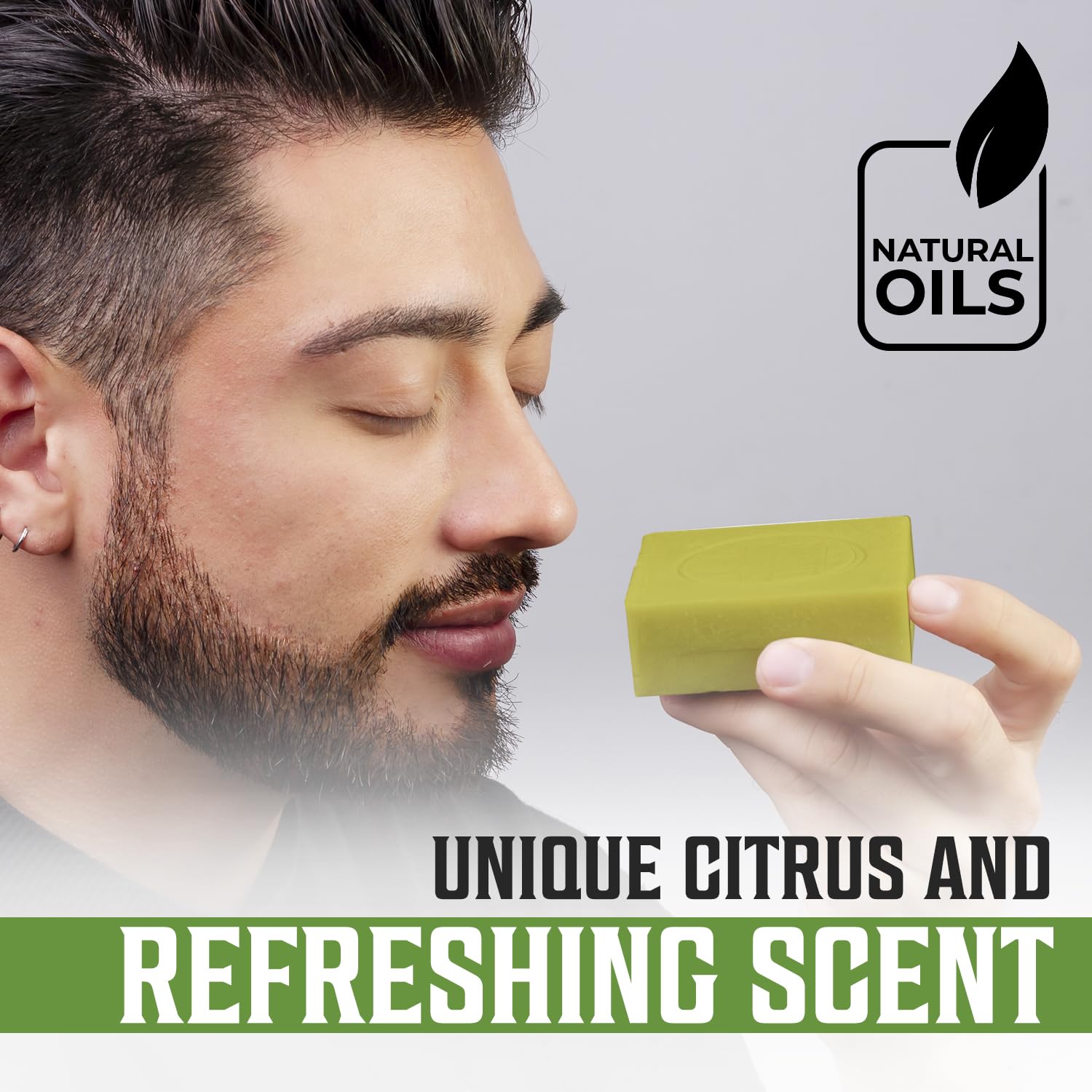 Image of man smelling soap: Bergamot Natural Soap for Men - Unique Citrus and Refreshing Scent.