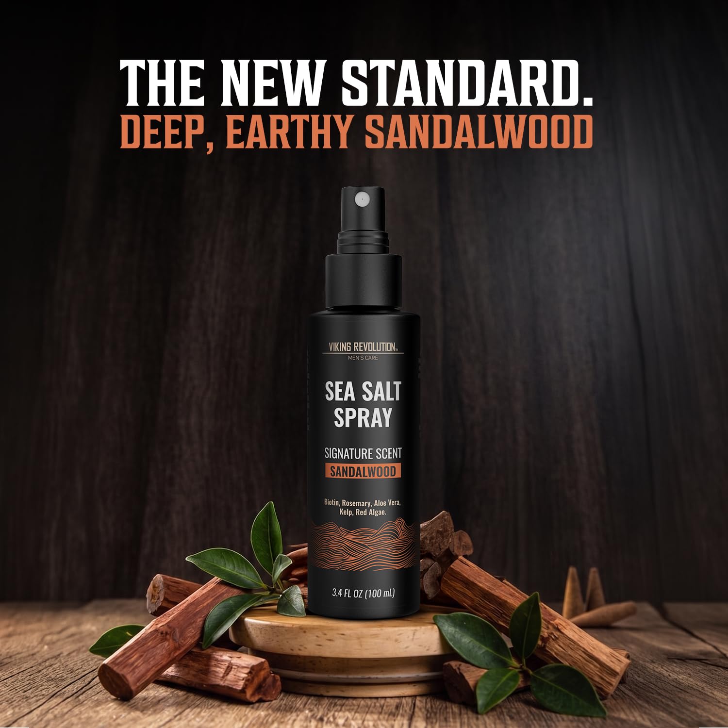 Sandalwood Sea Salt Spray for Men: Travel hairspray with biotin, rosemary & aloe for surfer hair.