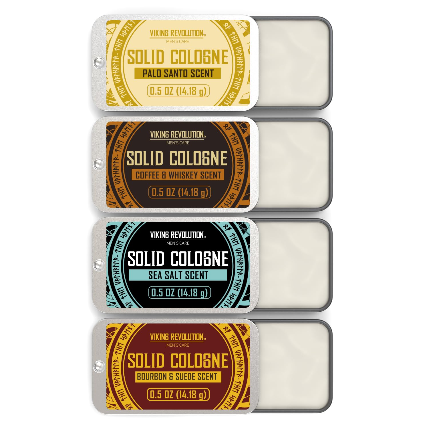 Solid Cologne 4 Pack - Coffee and Whiskey, Palo Santo, Sea Salt, Bourb