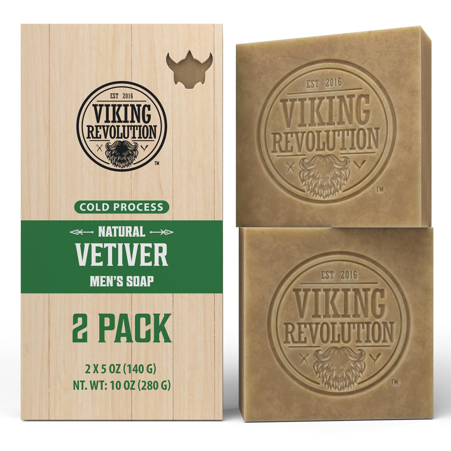 Vetiver Natural Soap for Men - Cold Pressed, 2 pack (5 oz each), green and wood-toned packaging.