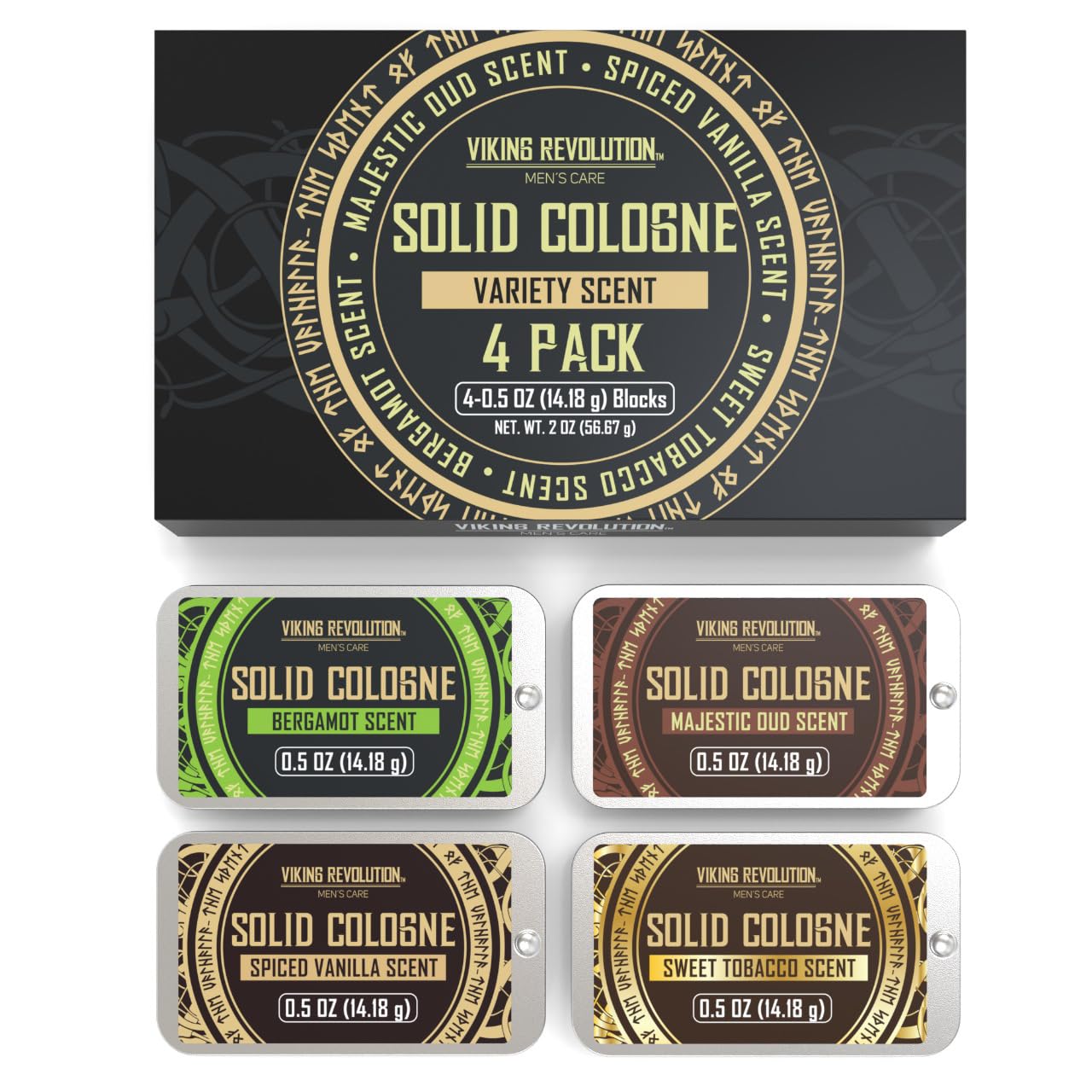 Solid Cologne 4pk Gift Set: Spiced Vanilla, Sweet Tobacco, Majestic Oud, Bergamot by Viking Revolution.