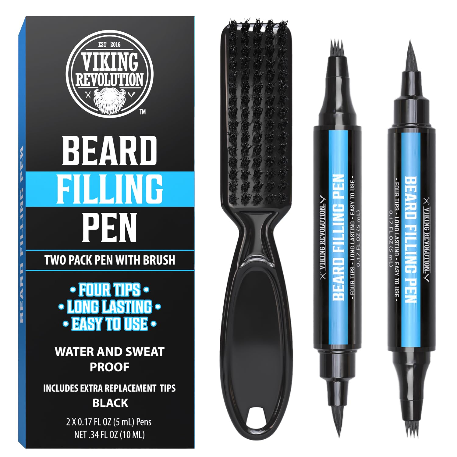 Beard pencil filler set for men with brush, two black pens; long-lasting and water/sweat-proof.