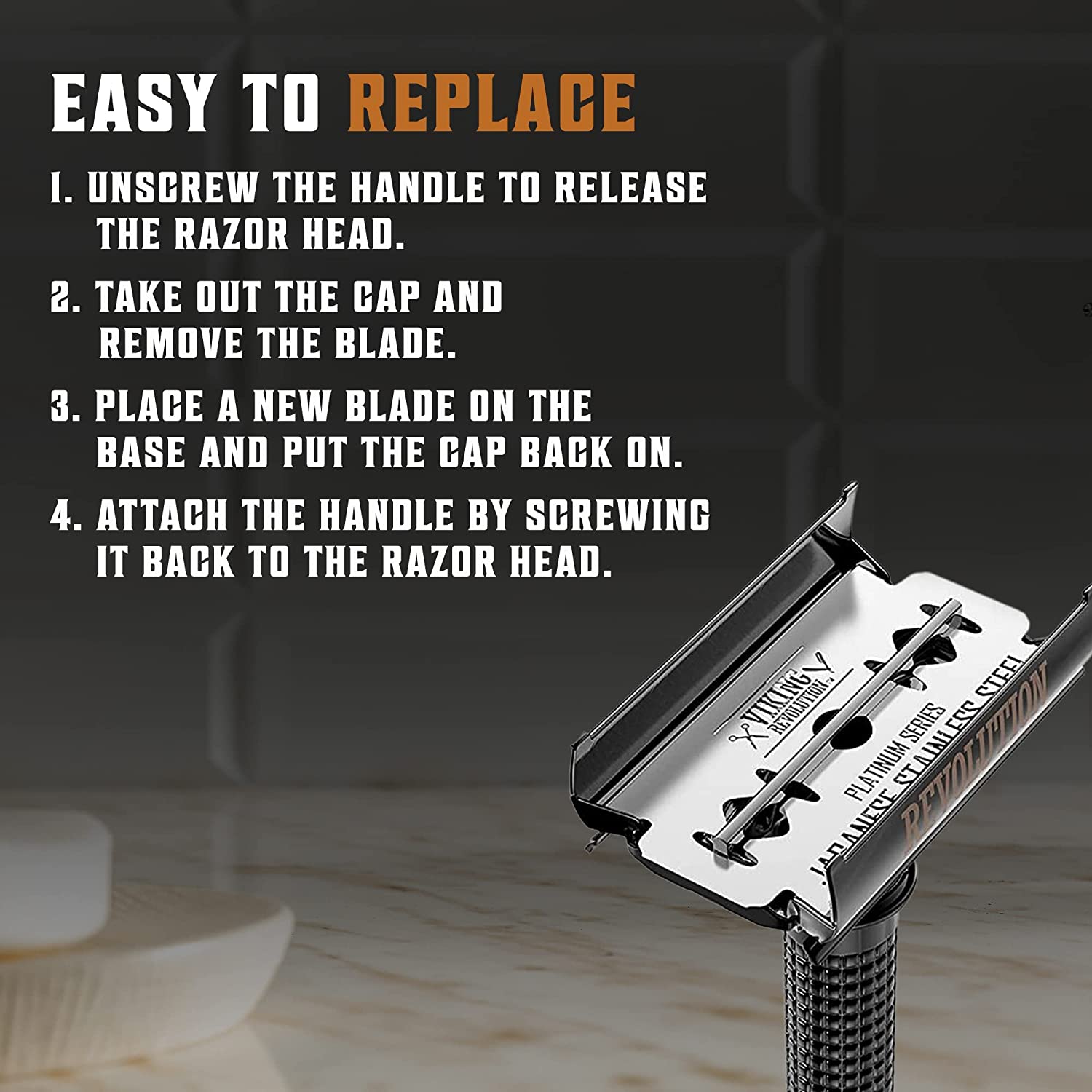 Viking Revolution safety razor with long handle and 10 blades ensures a precise shave.