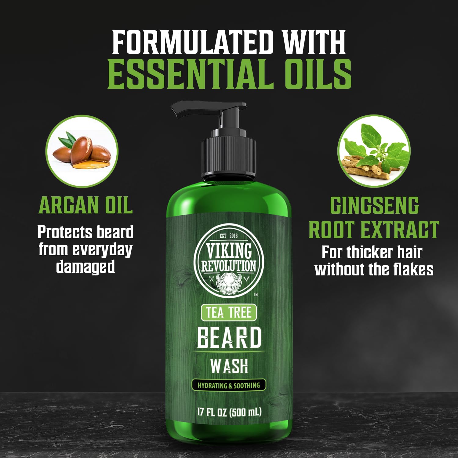 Tea Tree Beard Wash, 17 oz, enriched with argan oil & ginseng for optimal beard growth.