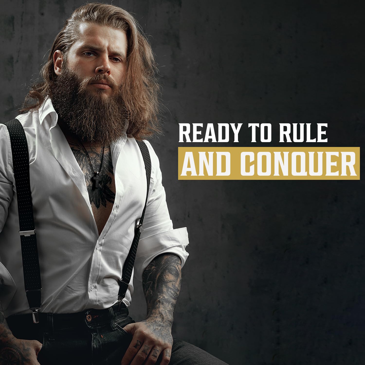Bearded man in suspenders, long hair, tattoos, with text: Ready to Rule and Conquer—enhanced by Beard Wash & Conditioner - Sweet Tobacco 5oz for ultimate beard care.