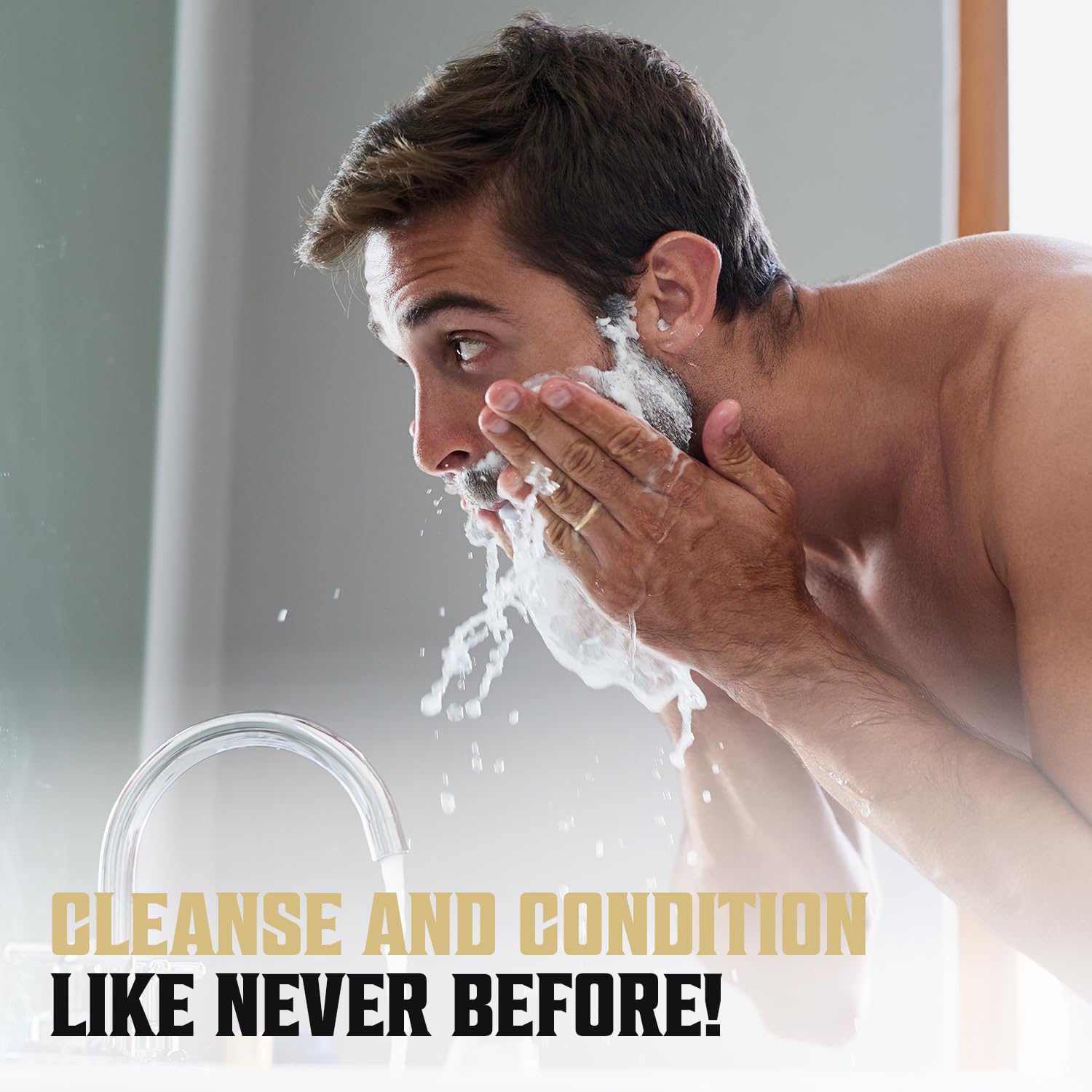 Man washing face with foam at sink, text reads Cleanse like never before with Beard Wash & Conditioner!.
