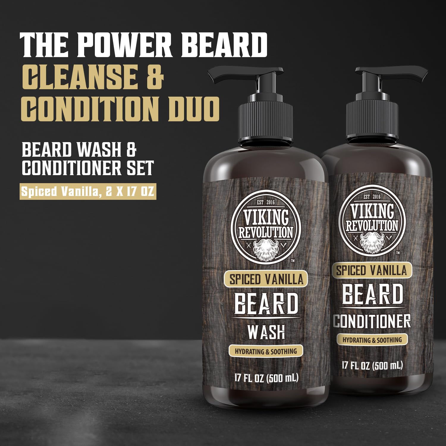 Two bottles of Beard Wash and Conditioner 17oz Spiced Vanilla on a dark background.