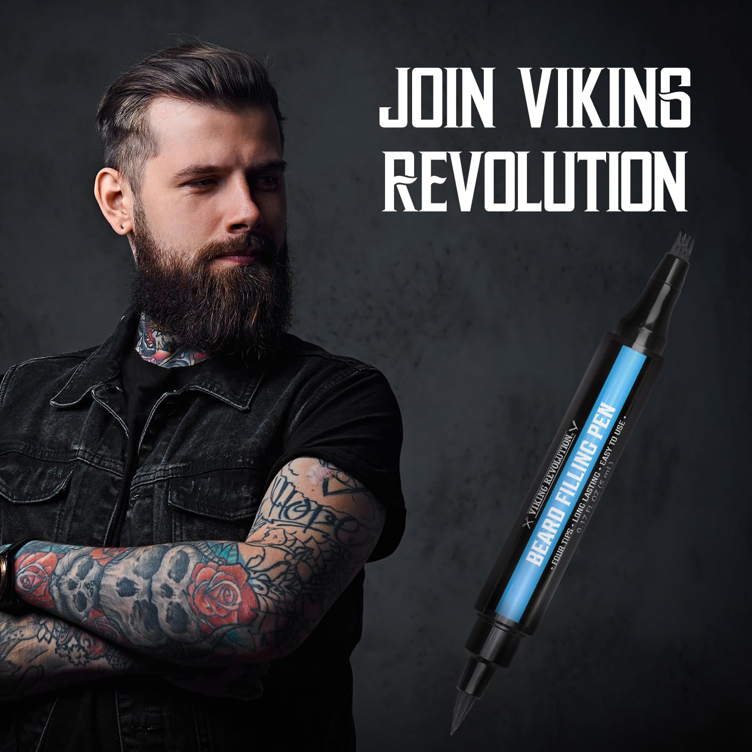 Tattooed man stands with Black Beard Pencil Filler for Men. Text: Join Vikings Revolution.