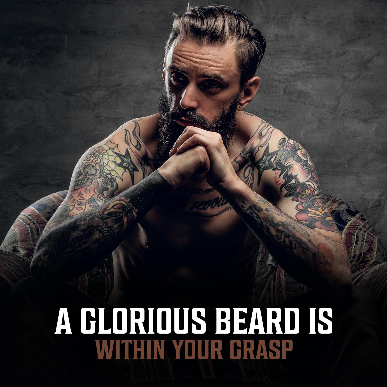 A tattooed man with a beard sits thoughtfully, accompanied by the text: "Achieve a majestic beard with Majestic Oud Beard Oil, enhanced with Argan & Jojoba.
