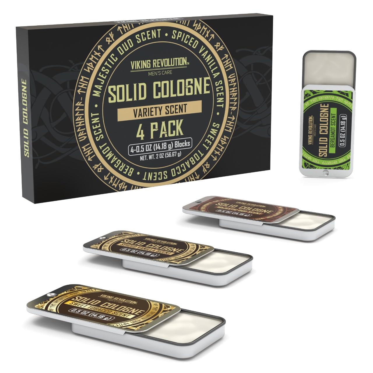Mens 4-pack solid cologne gift set: Spiced Vanilla, Sweet Tobacco, Majestic Oud, and Bergamot.