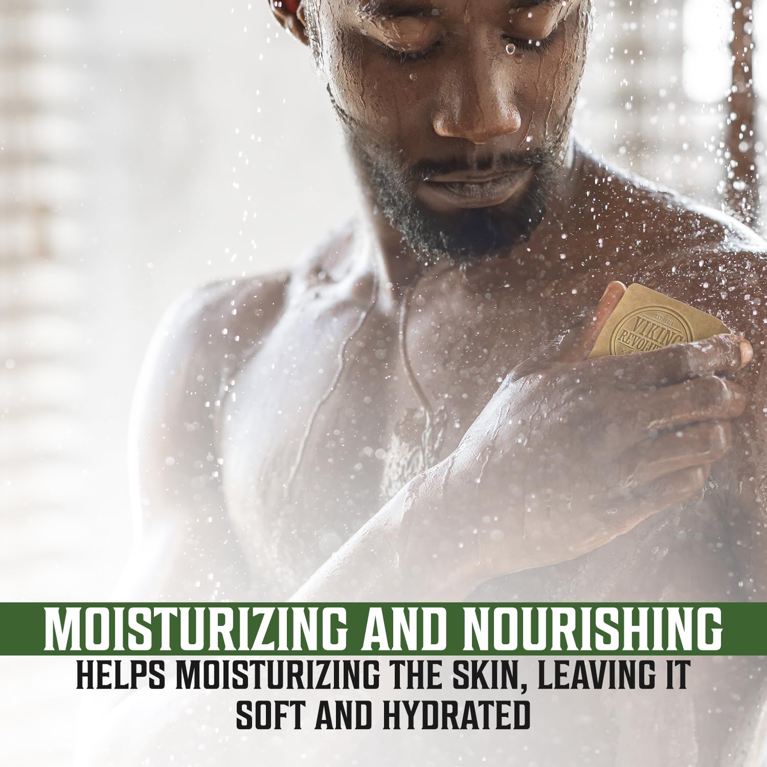 Man showering with Vetiver Natural Soap, text highlighting nourishing and moisturizing benefits.