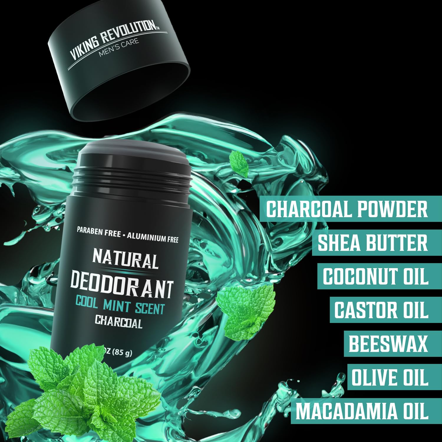 Natural deodorant for men with charcoal and cool mint scent for refreshing, aluminum-free protection.