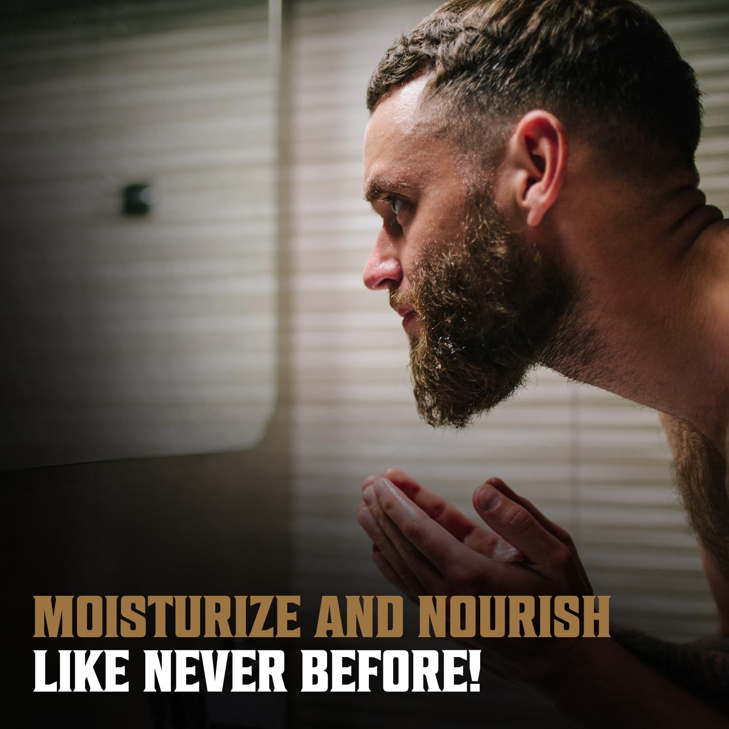 Man using Palo Santo Beard Wash & Conditioner Set, text reads Moisturize and Nourish Like Never Before!.