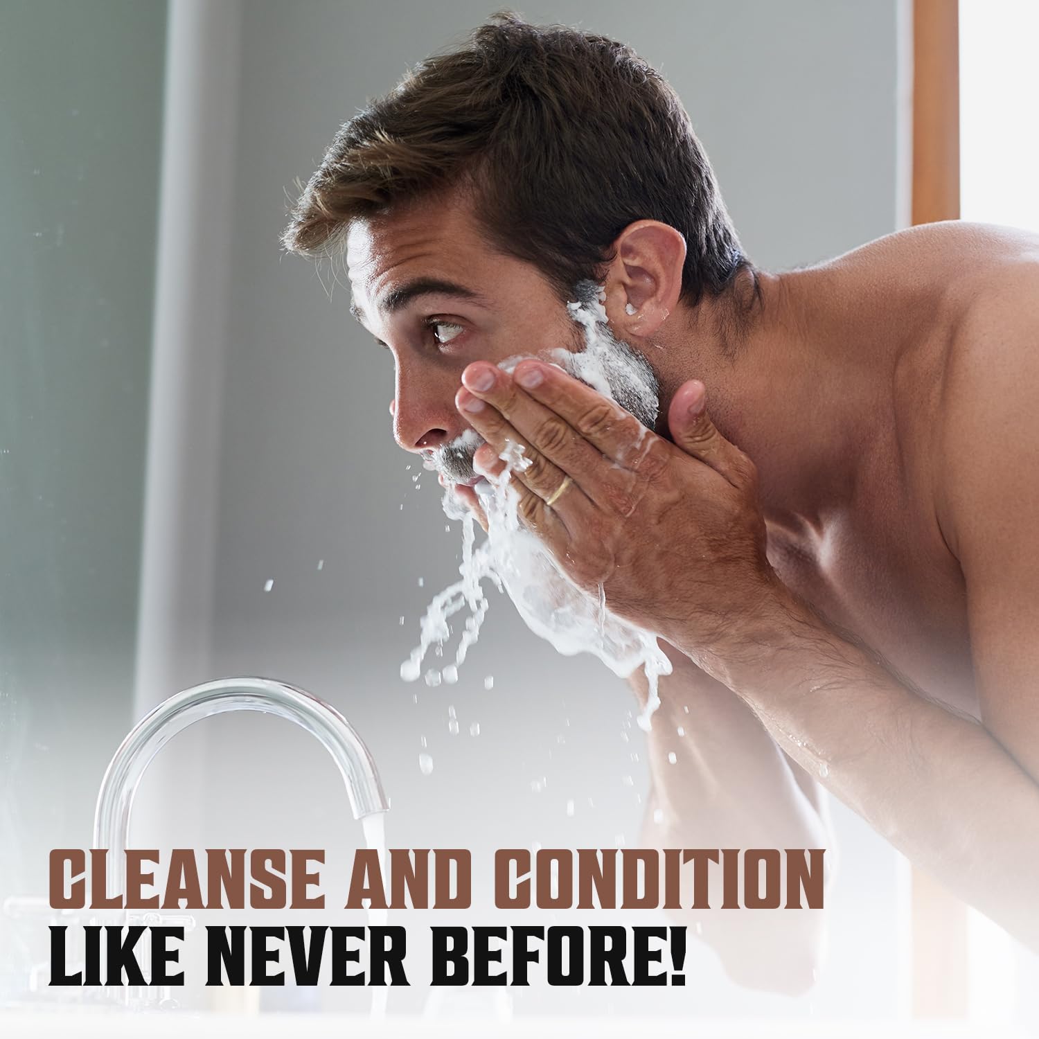 A man is washing his face with soap at the sink; text reads Cleanse and Condition Like Never Before with our Beard Wash & Conditioner - Majestic Oud 5oz!