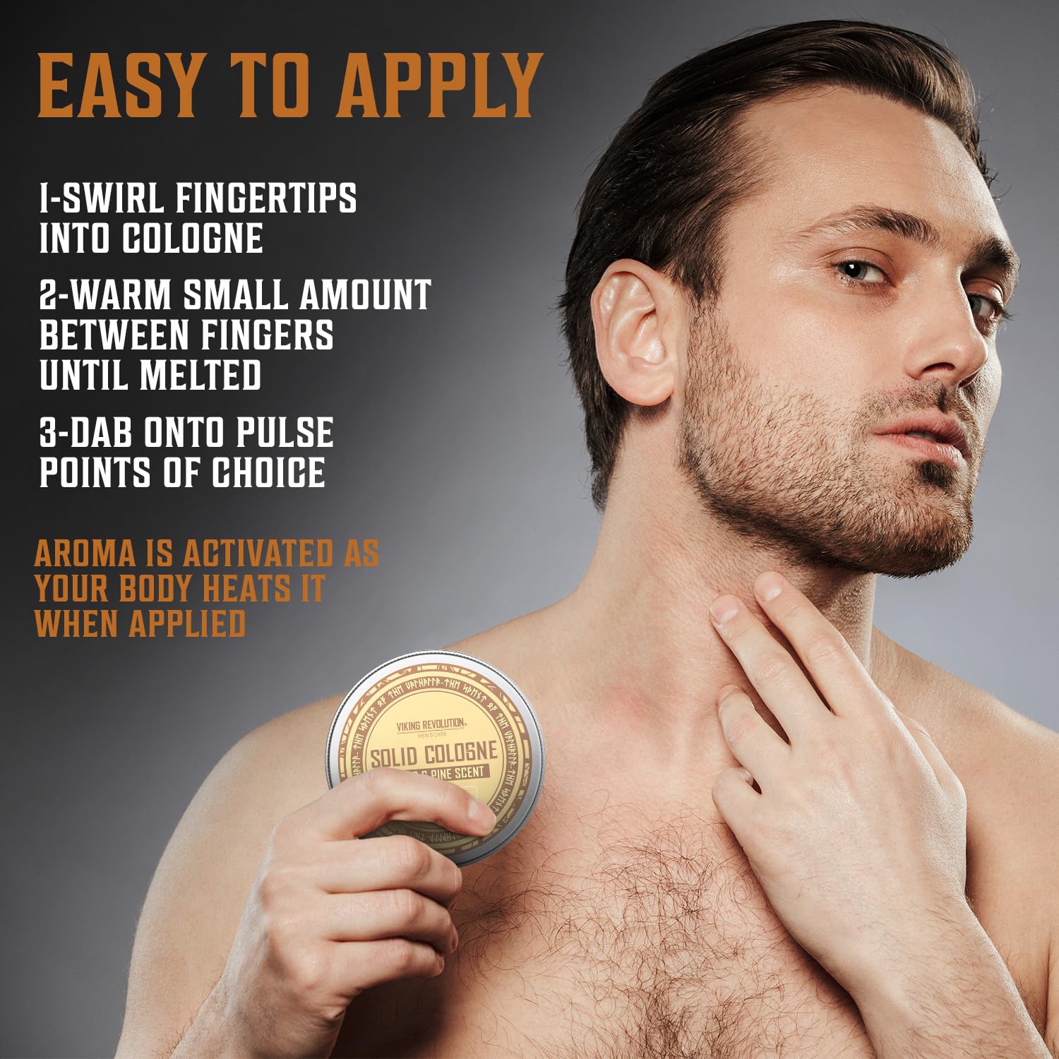 Man uses Solid Cologne 2 Oz Single Cedar & Pine; instructions detail aroma activation for manly fragrance.