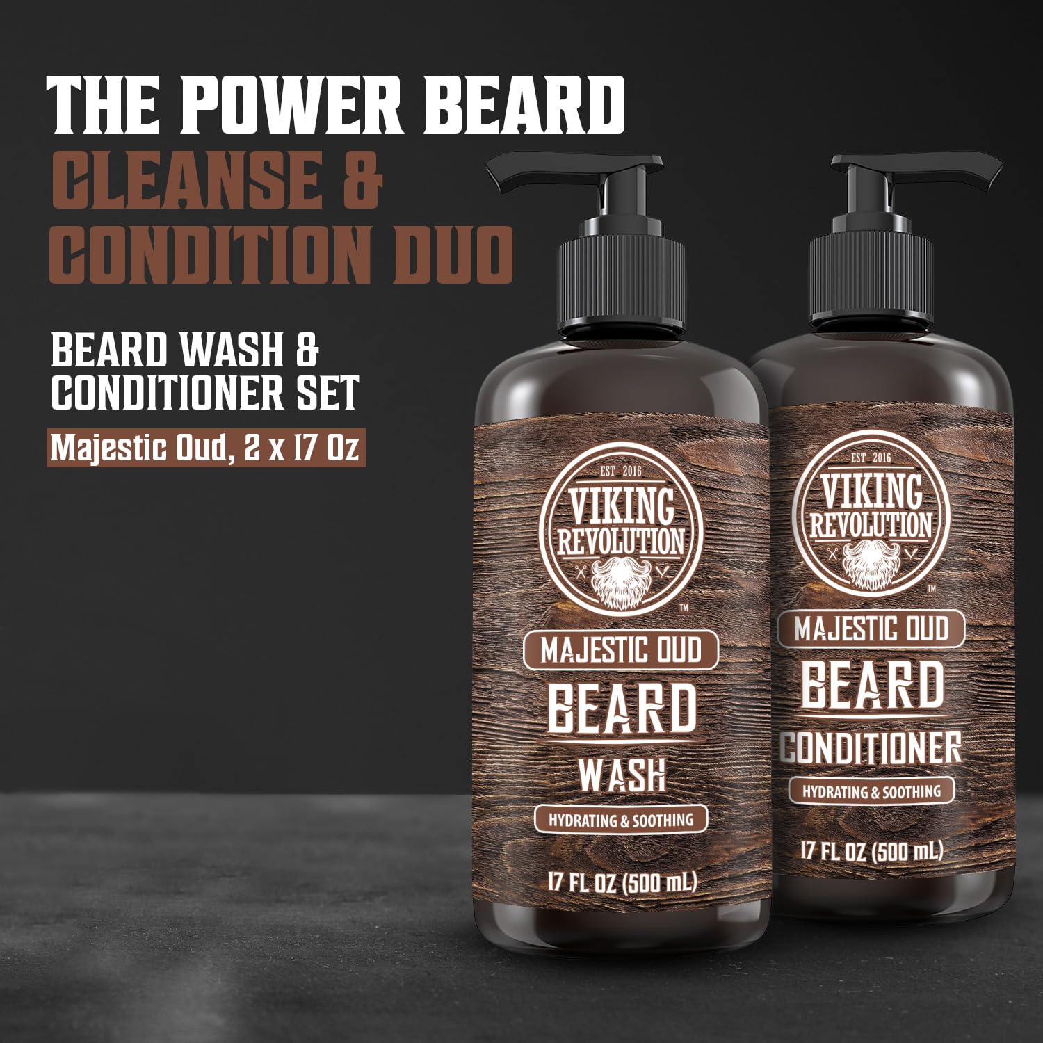Beard Wash and Beard Conditioner 17oz, Majestic Oud on a dark background for ultimate beard care.