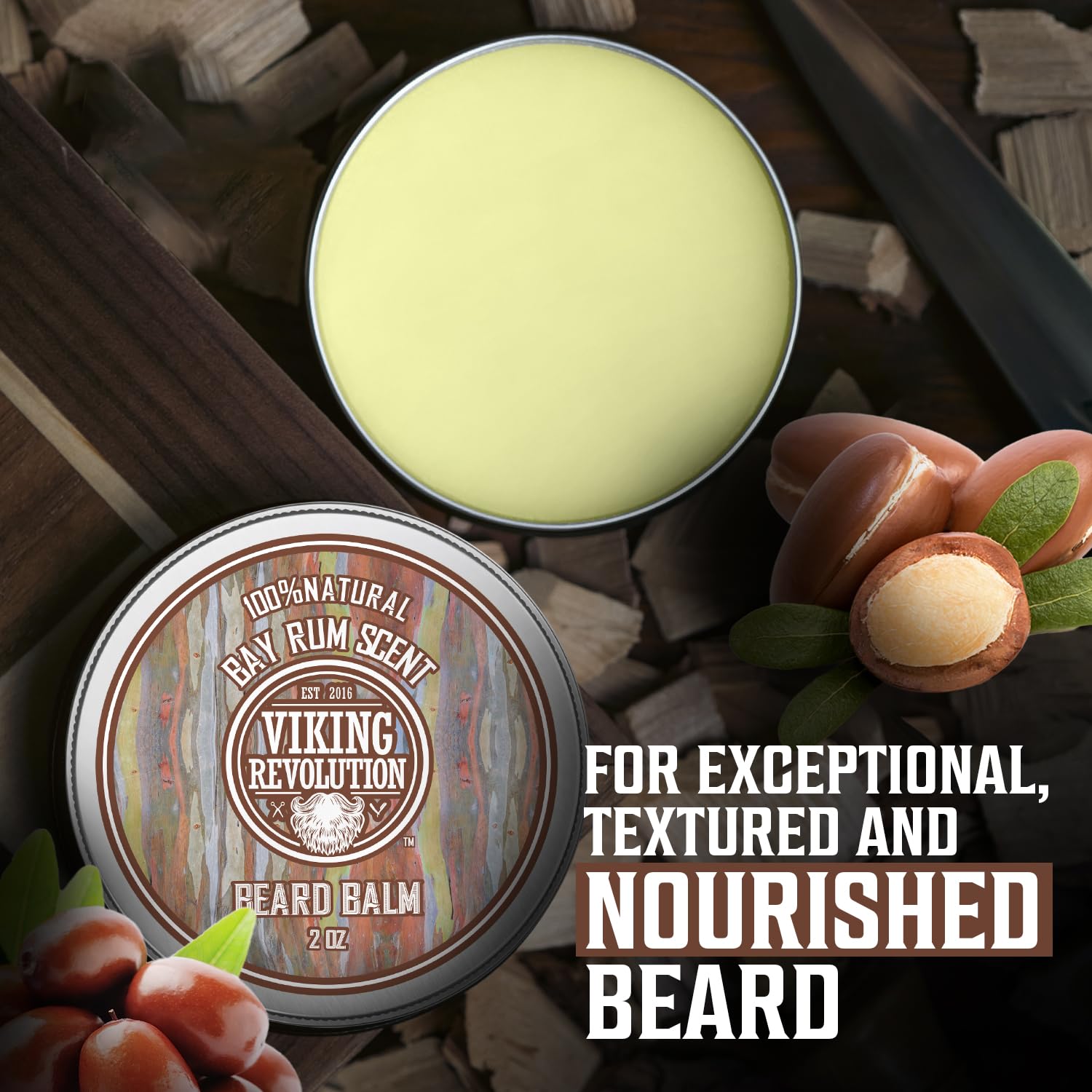 Bay Rum Beard Balm tin with natural ingredients and nuts on a wooden background.