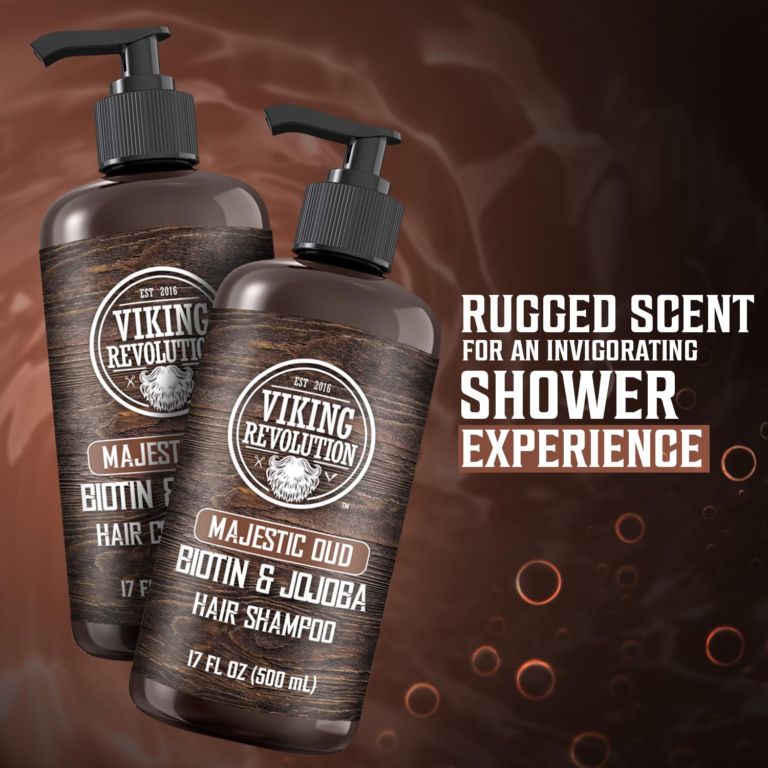 Two bottles of Majestic Oud Shampoo with a rugged scent on a swirling brown background.